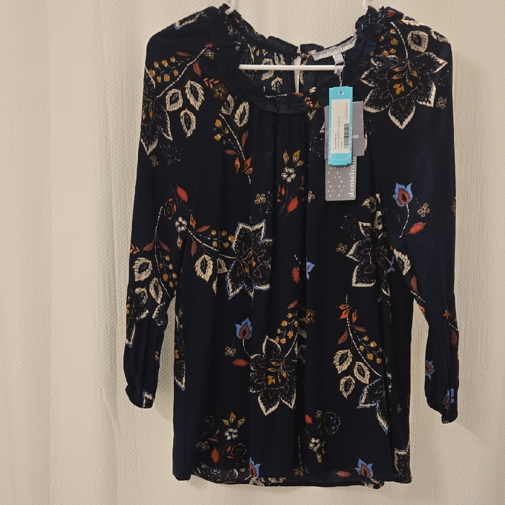 Daniel Rainn Navy Floral Ruffled Neck Peasant Blouse